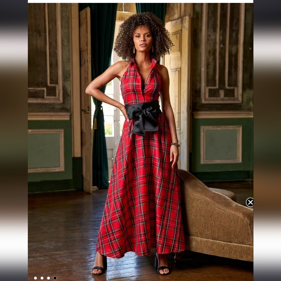 Boston Proper Classic Plaid Fit and Flare Halter Shirt Christmas Maxi Dress 10 - Picture 1 of 8